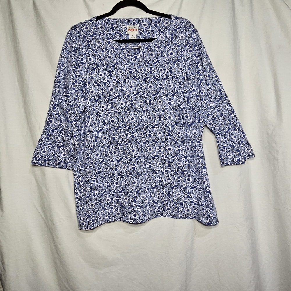 Ruby Rd. Favorites Sz 2x Blue Patterned Women's Boat Neck Top 3/4 Sleeves